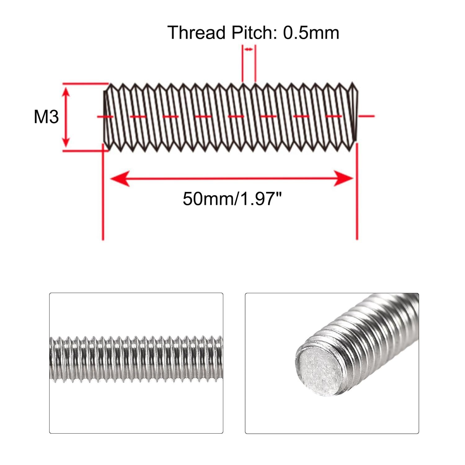 M3 X 50mm Right Hand Threaded Rods 0.5mm Thread Pitch 304 Stainless Steel Zinc Black Thread bar for Industry specifications