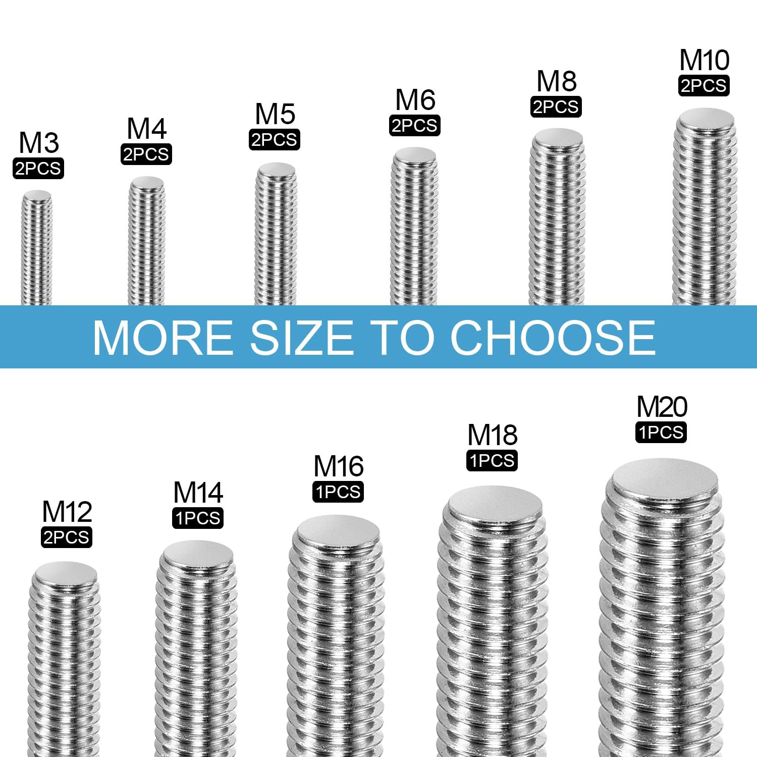 M6 M8 M10 Fully Threaded Rod Studs 300mm/11.8\" Long 304 Stainless Steel Cuttable Metric Screw Zinc for DIY specifications
