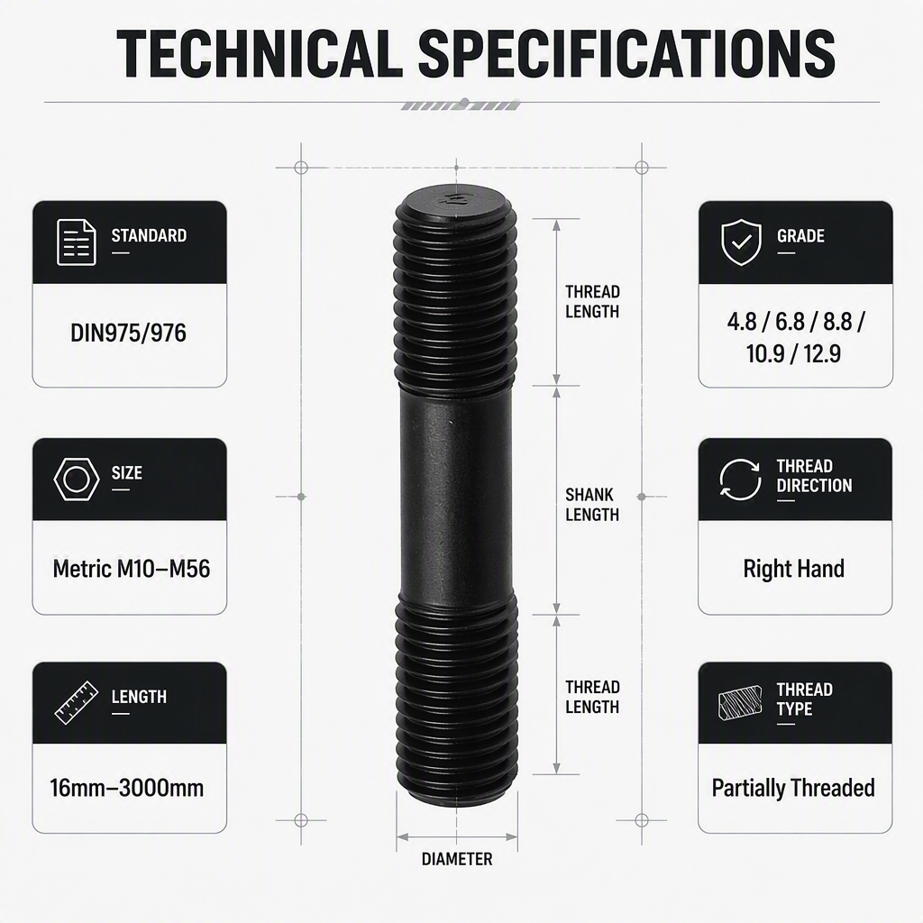 Threaded on Both Ends M10 M20 M30 M56 Steel Push Rod Double End Thread Stud with Zinc and Black Finish Studs Threaded Rods Stud specifications