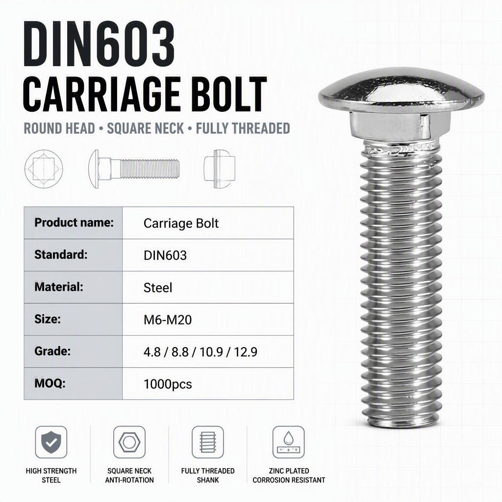 Professional UNC DIN603 Stainless Bolt Carbon Steel Grade 4.8/8.8 Zinc Plating Carriage Head Bolt Metric Bolts specifications