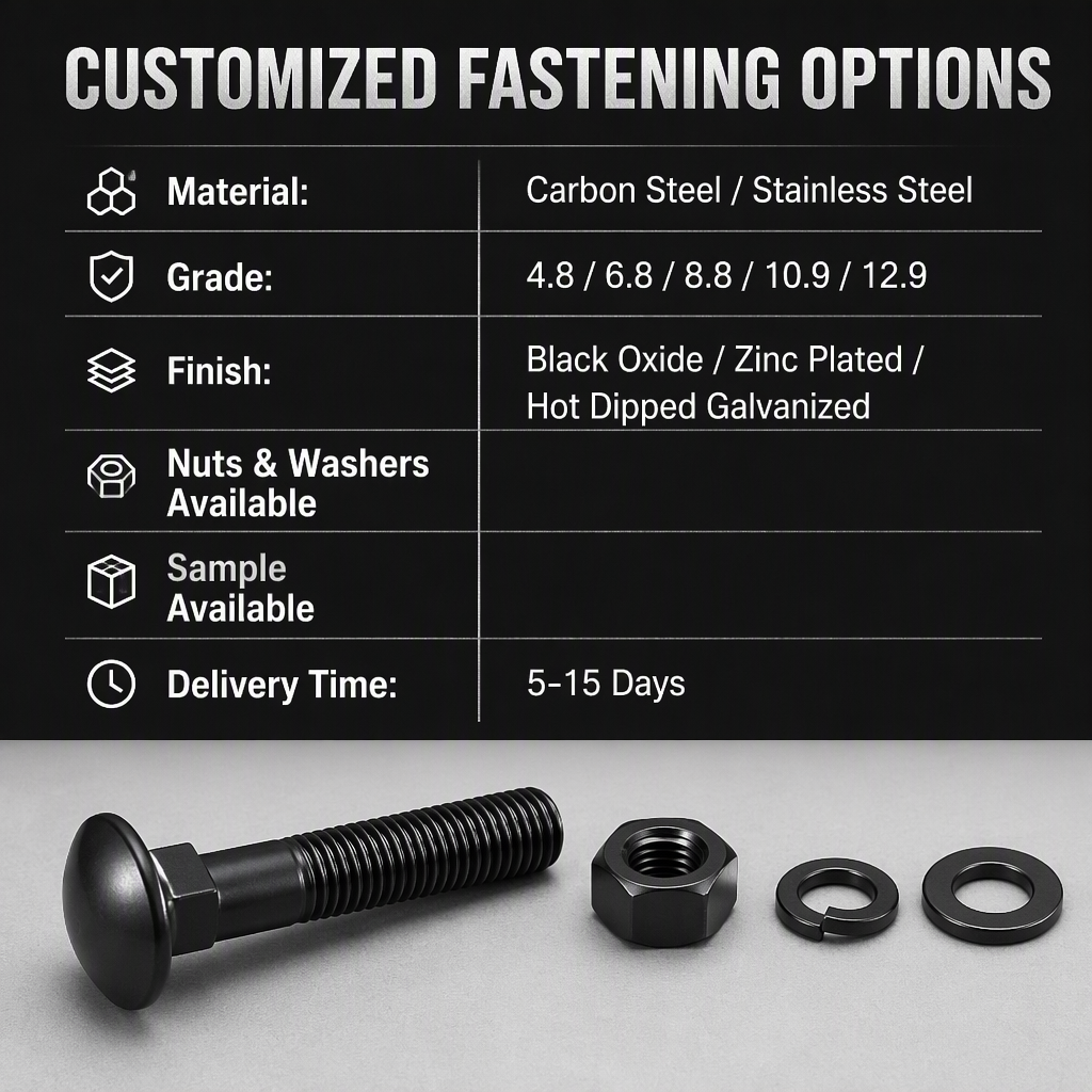 Heavy Duty Zinc Finish Steel M16 Carriage Bolt Full Thread Round Head Square Neck Grade 6 Carbon Steel Metric Black Oxide specifications