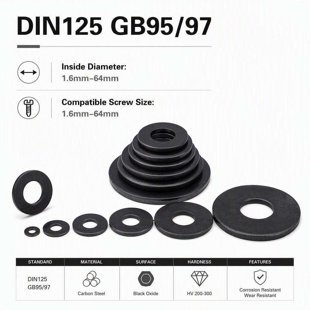 60mm Steel Washers 0.8mm Thick High Strength Black Oxide Internal Tooth DIN125 GB95/97 Plain Finish Flat Washer specifications